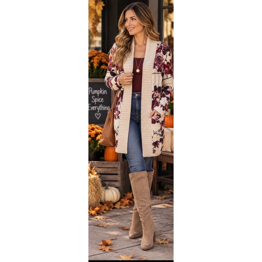 INC International Concepts Floral Butterfly Long Cardigan Sweater Size L
